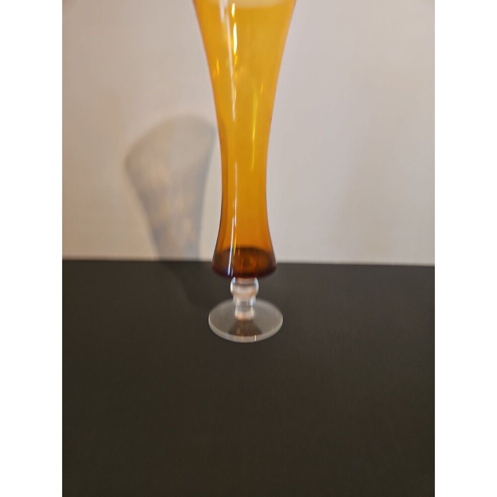 Vintage MCM Etched Amber Blown Art Glass Bud Vase Applied Pedestal Base 8”H
